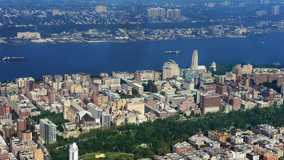 Aerial shot of Columbia's campus with Central Park to the east and the Hudson River to the west