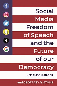 Red, white, and blue book cover with the title, "Social Media, Freedom of Speech, and the Future of our Democracy." 