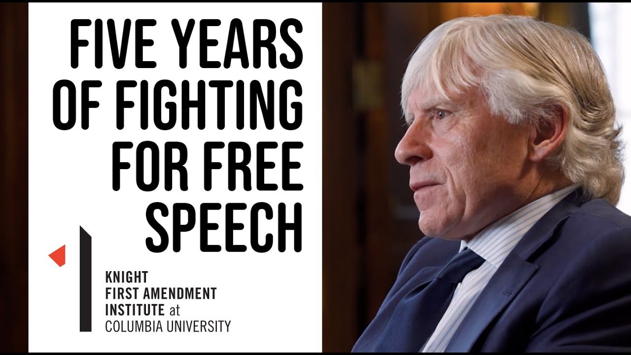 Lee Bollinger and the words "Five Years of Fighting for Free Speech"