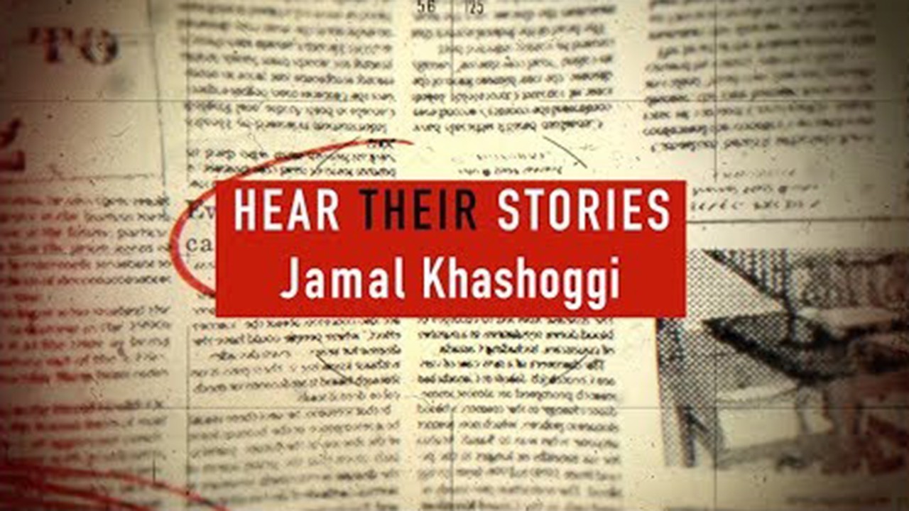 Title, "Hear Their Stories: Jamal Kashoggi" over an article in a print newspaper. 