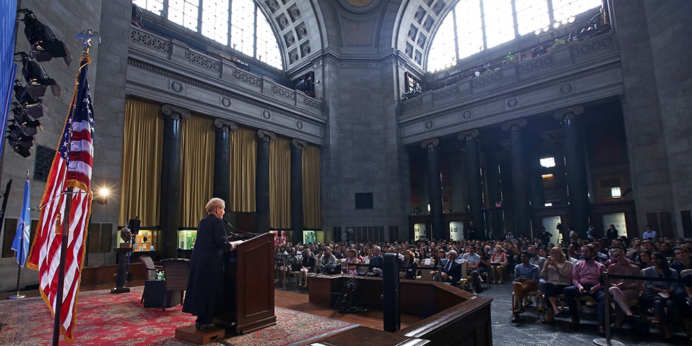 Photo of Madeleine Albright speaking to the audience at Columbia's World Leaders Forum