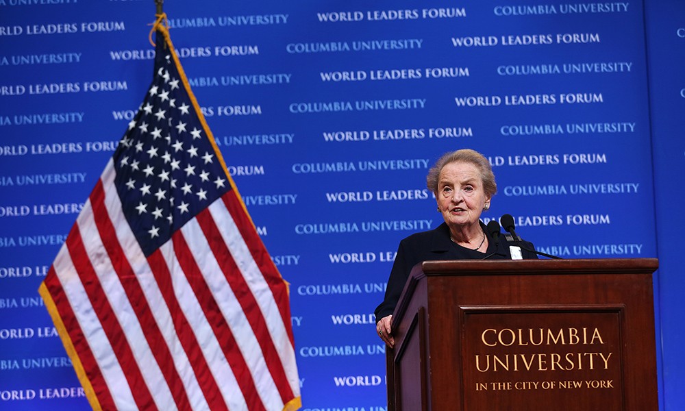 A photo of Madeleine Albright speaking at the podium at Columbia's World Leaders Forum