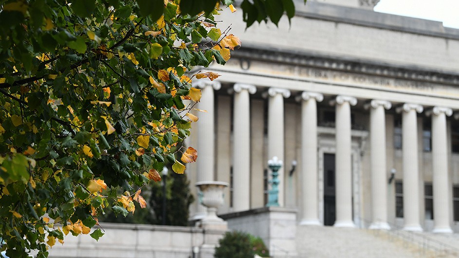 Branches covered in green and yellow leaves, against the backdrop of Low Library, a classically designed building on Columbia's Morningside campus. 