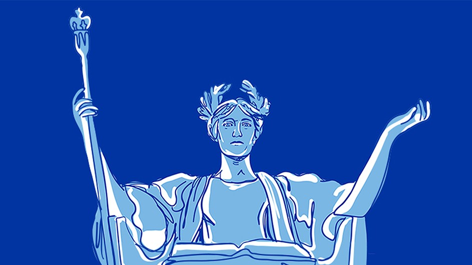 Blue and white illustration of alma mater, a statue of a woman in a classical robe, with a laurel wreath in her hair and scepter in her hand. 