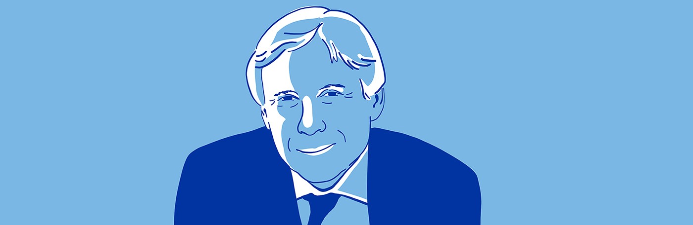 Blue-tinted illustration of a man with short white hair, in a dark blue suit and tie