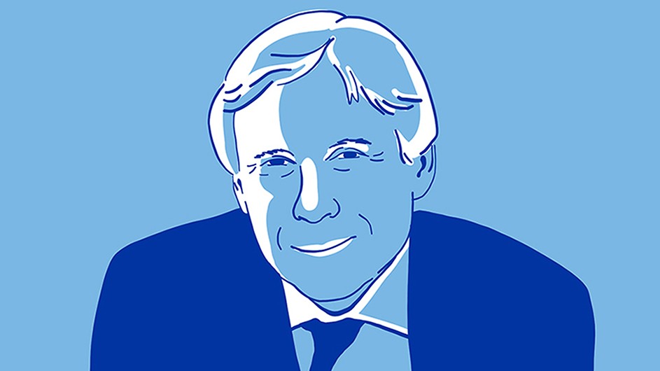 Blue and white illustration of Lee Bollinger, a man with short hair in a dark suit. 