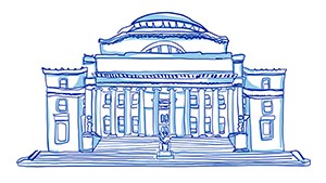 A blue and white illustration of Low Library, a classical building on Columbia's Morningside campus. 