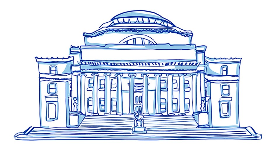 Blue and white illustration of Low Library, a classical building with columns on Columbia's campus. 