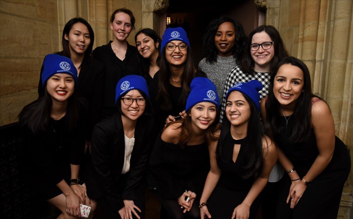 Photo of Barnard students posing at President Beilock's inauguration