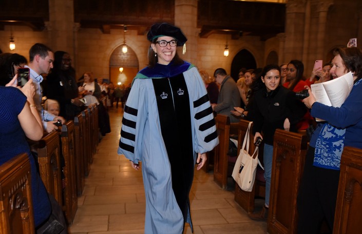 Photo of President Beilock walking down the aisle at the start of her inauguration