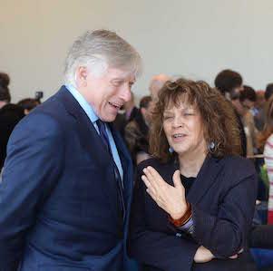 School of the Arts Dean Carol Becker on right speaks with University President Lee Bollinger on left at an event in the new Lenfest Center for the Arts