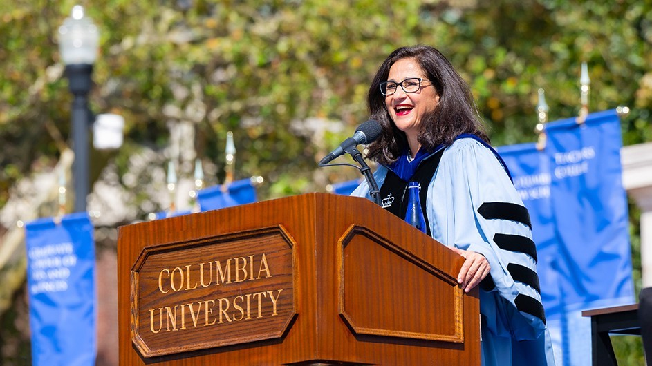 Photo: Diane Bondareff. President Shafik delivers her inaugural address.