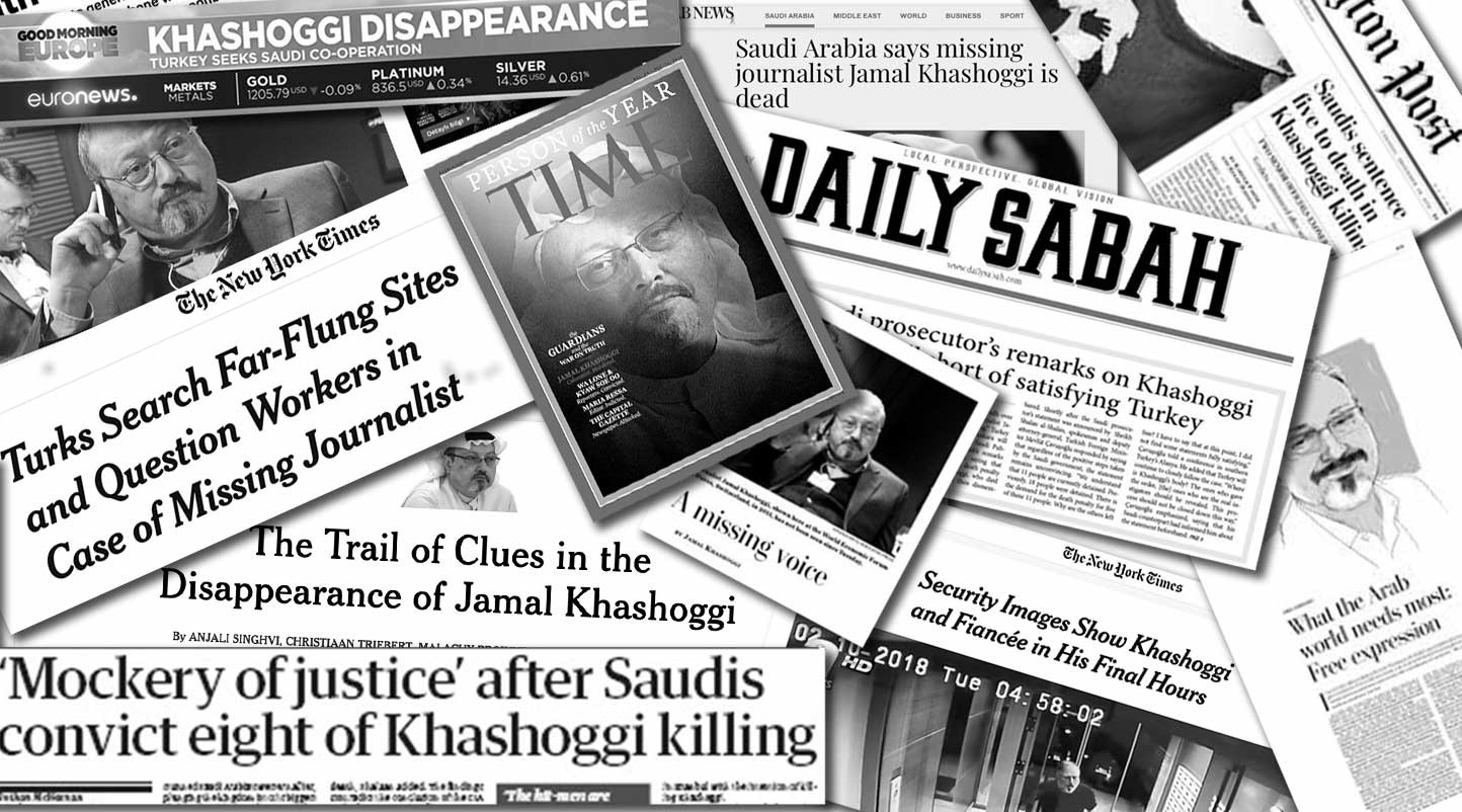 Compilation of news articles and headlines about the murder of Jamal Khashoggi