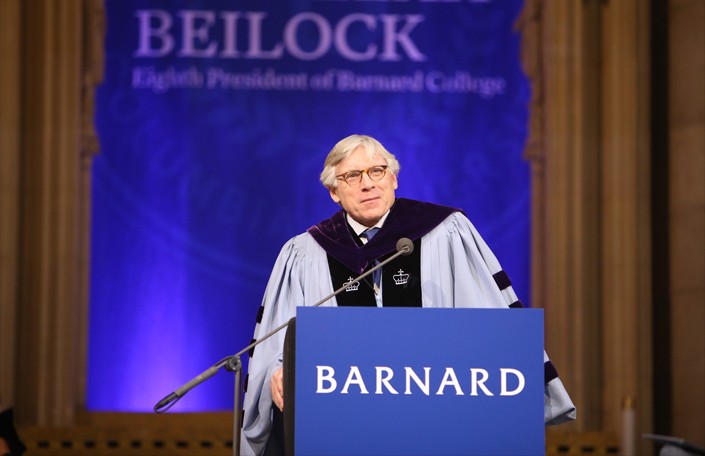Photo of Columbia University President Bollinger speaking at President Beilock's inauguration
