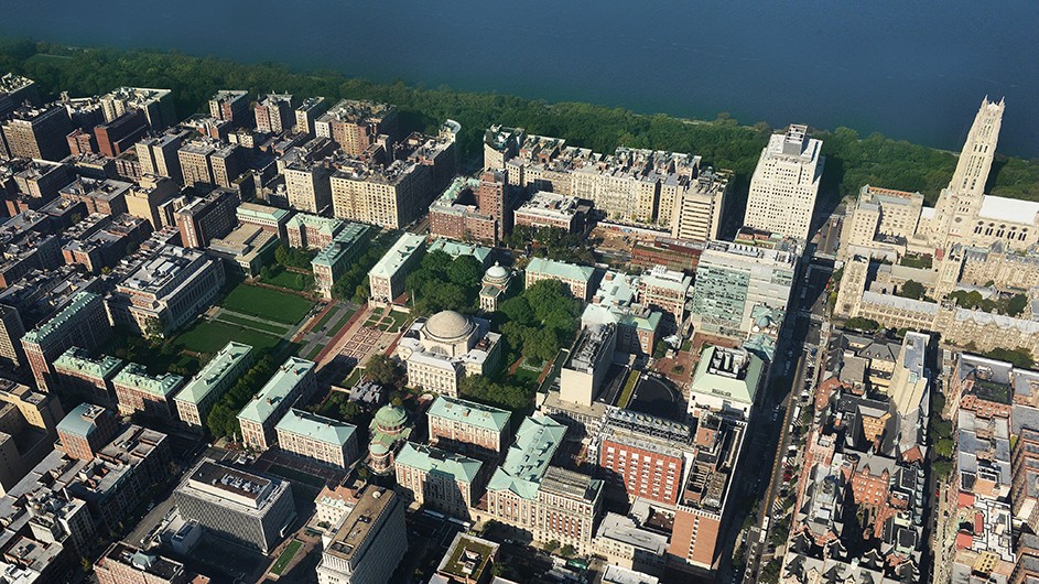 Aerial view Columbia's Morningside campus on a clear day, facing the Hudson River
