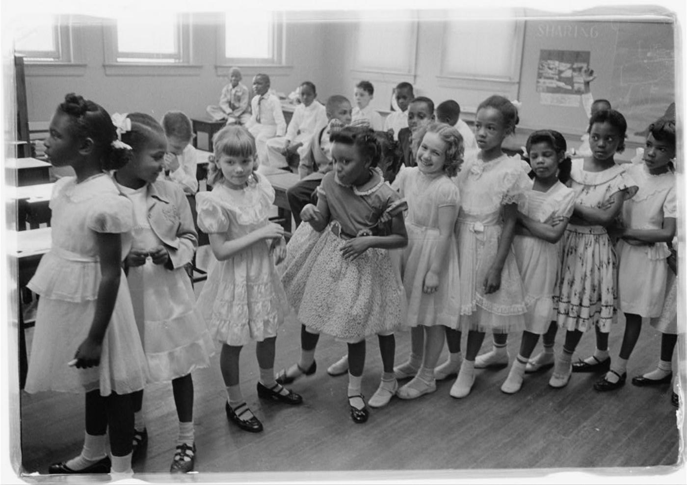 School integration, Barnard School, Washington, D.C., 1955. Courtesy of Library of Congress. A group of black and white school children from an integrated school in Washington, D.C. in 1955.