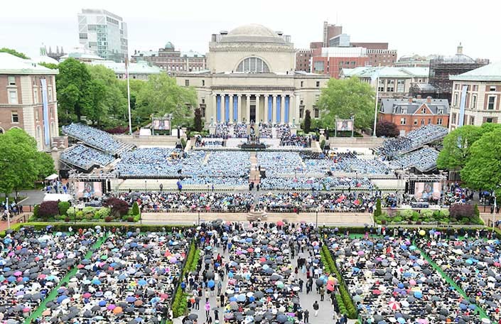 Photo of College Walk and Low Library at Commencement 2018