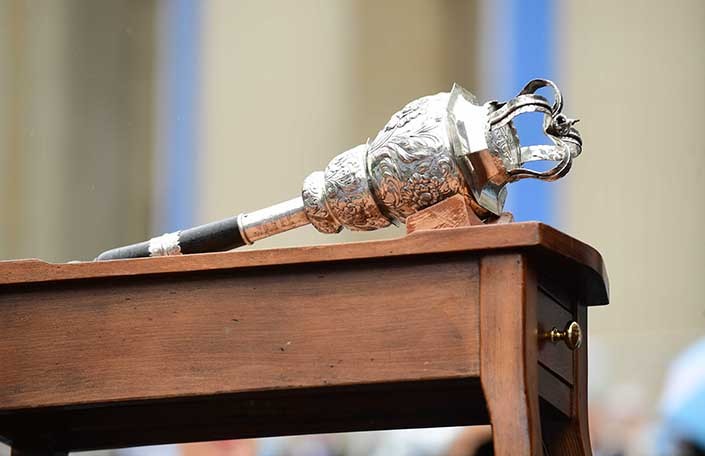 Photo of Columbia's mace at Commencement