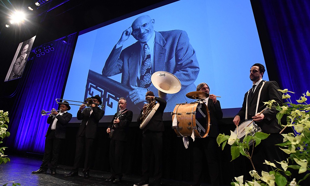 Photo of a jazz band playing at Peter Awn's memorial.