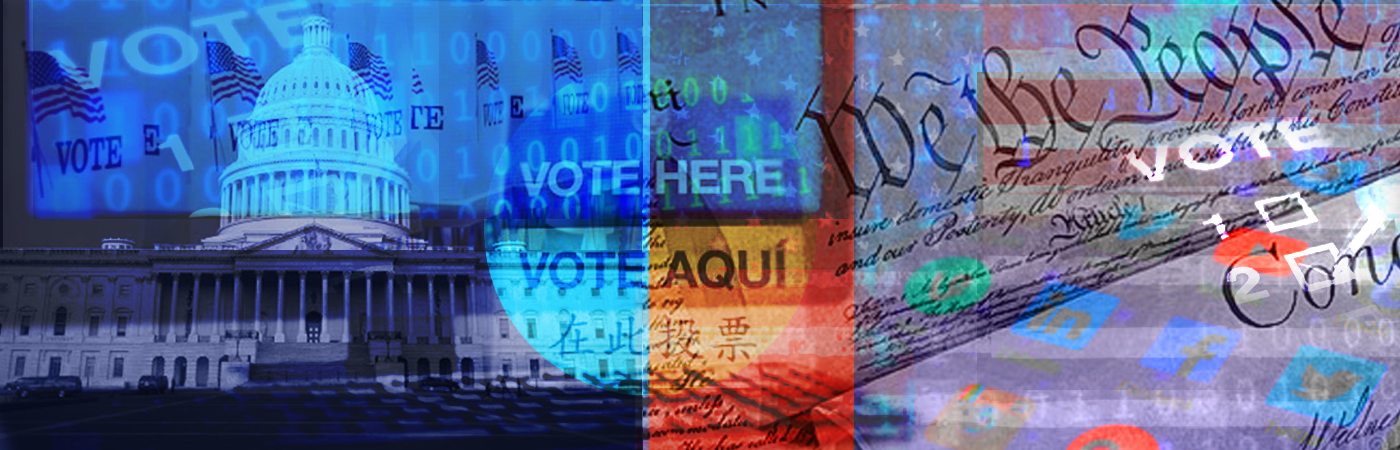 Banner image, a mashup of photos of the Capitol Building in Washington and the first lines of the American Constitution, overlaid with text that says "vote."