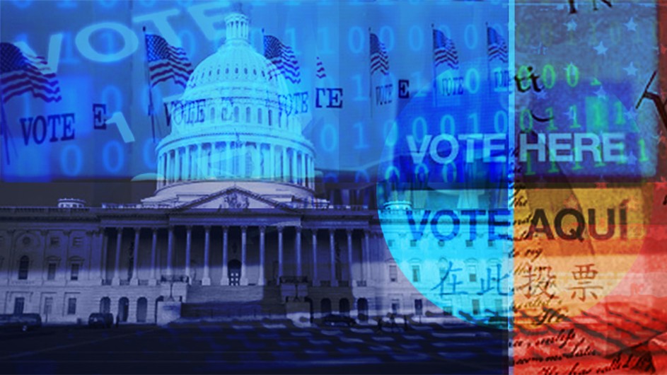The Capitol Building in Washington, overlaid with text that says "vote here" and "vote aqui."