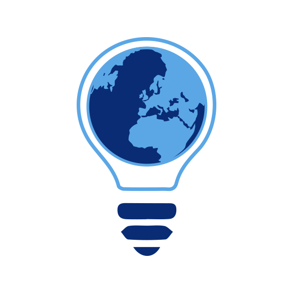Icon of a light bulb with a globe in the center