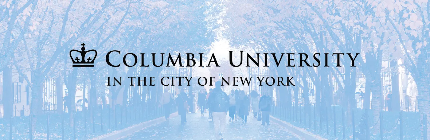 Columbia University logo over a photo of people walking through the Columbia gates on 116th Street. 