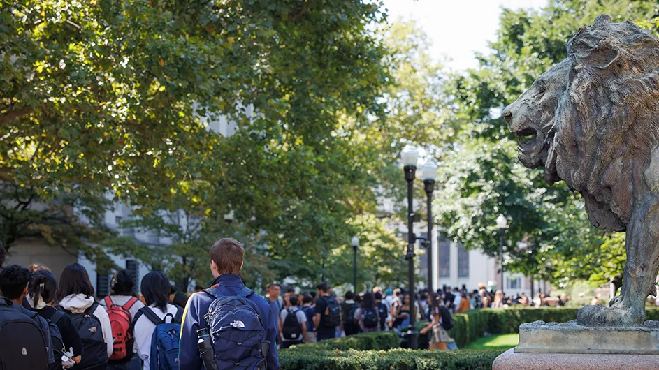 A view of students walking through Columbia's campus on their way to classes. 