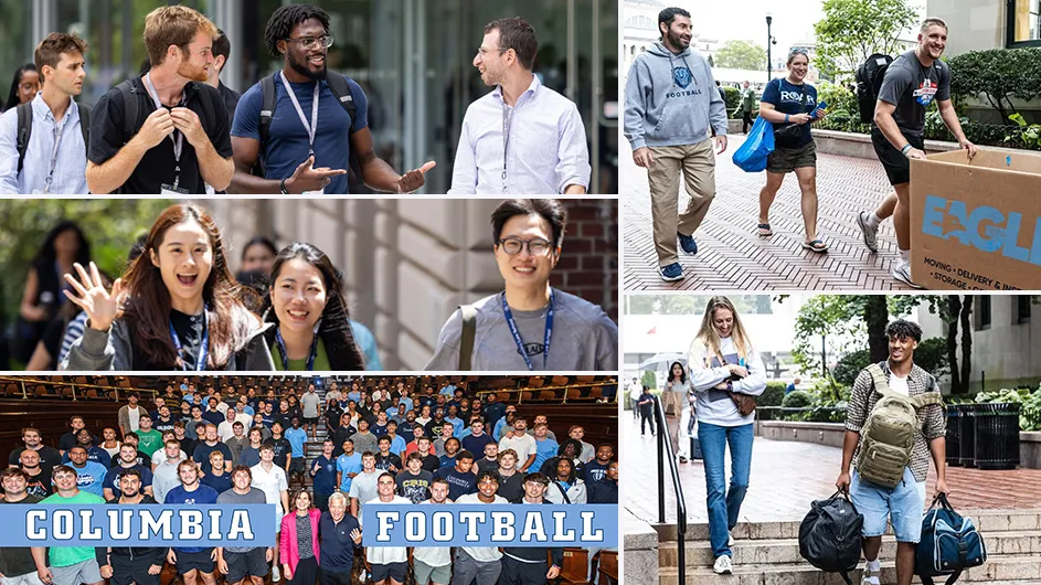 Collage of photos of students moving into their residence halls and attending orientations.