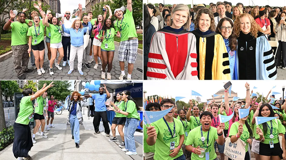 Composite of images of new student orientation: students moving in and convocation taking place.