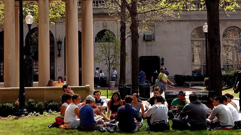 Students gather in circles on the quad grass. 