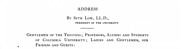 The frontispiece to Seth Low's address at the groundbreaking of the Morningside Heights campus in 1896