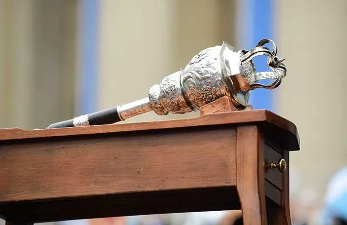 Photo of Columbia's mace at Commencement